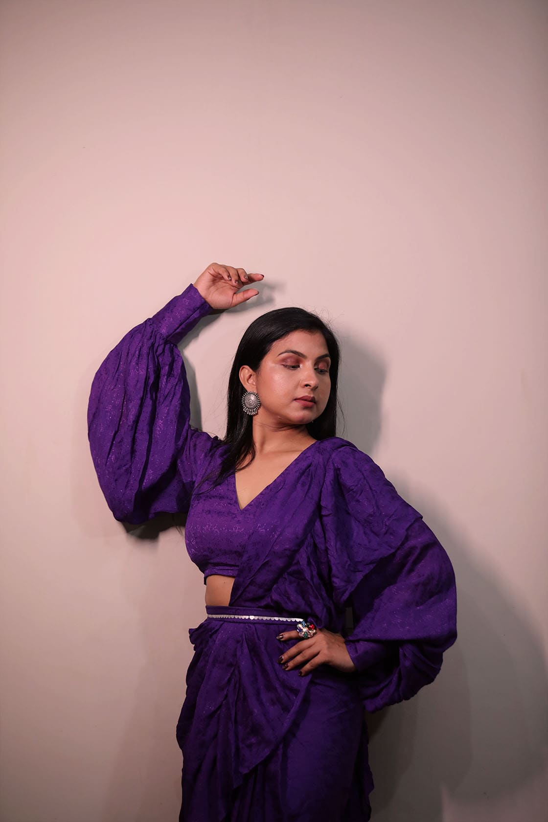 Buy Purple Silk Tabby Hand Lailaa Pre-draped Ruffle Saree With Blouse For  Women by Kanj by Priyanka A Sakhuja Online at Aza Fashions.